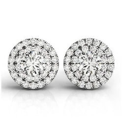 Round Center Genuine Diamond 2.10 Carats Halo Pair Stud Earring White Gold 14K