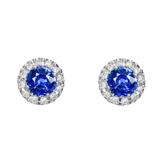 Round Ceylon Sapphire Diamond Cluster Earring White Gold 2.30 Ct.