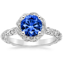 Round Ceylon Sapphire Gem Stone Natural Earth Mined Diamond Ring White Gold 14K 2.15 Ct.