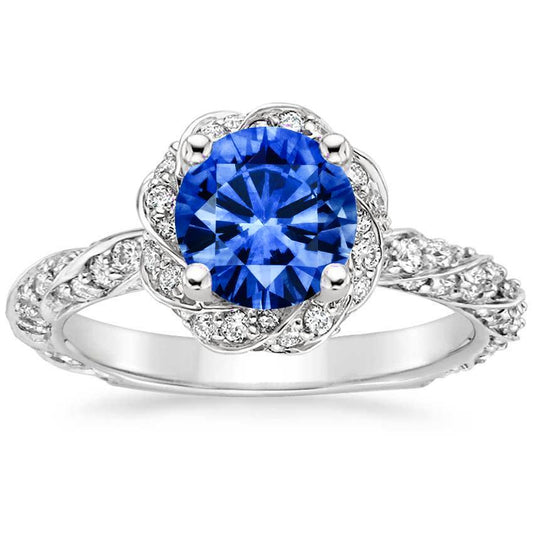 Round Ceylon Sapphire Gem Stone Diamond Ring White Gold 14K 2.15 Ct.