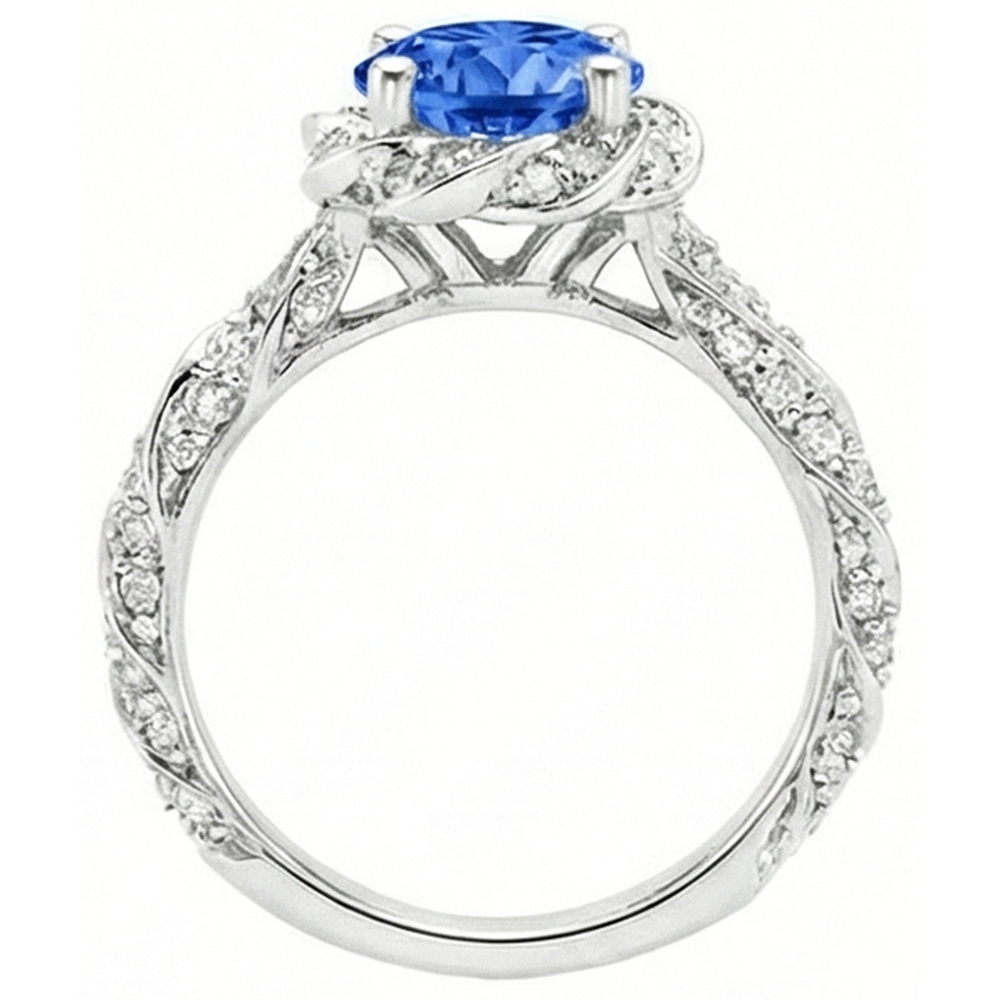 Round Ceylon Sapphire Gem Stone Natural Earth Mined DIAMOND ( NOT LAB GROWN ) Ring White Gold 14K 2.15 Ct.