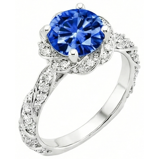 Round Ceylon Sapphire Gem Stone Natural Earth Mined DIAMOND ( NOT LAB GROWN ) Ring White Gold 14K 2.15 Ct.