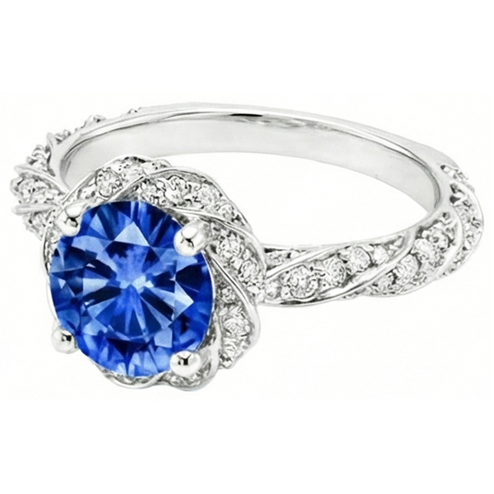 Round Ceylon Sapphire Gem Stone Natural Earth Mined DIAMOND ( NOT LAB GROWN ) Ring White Gold 14K 2.15 Ct.