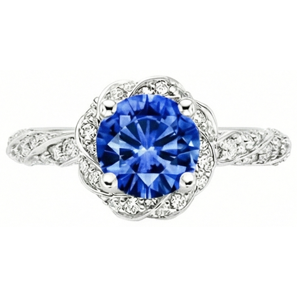 Round Ceylon Sapphire Gem Stone Natural Earth Mined DIAMOND ( NOT LAB GROWN ) Ring White Gold 14K 2.15 Ct.