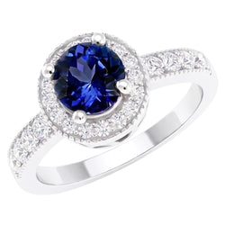 Round Ceylon Sapphire Halo Natural Earth Mined DIAMOND ( NOT LAB GROWN ) Ring White Gold Jewellery 1.5 Ct.
