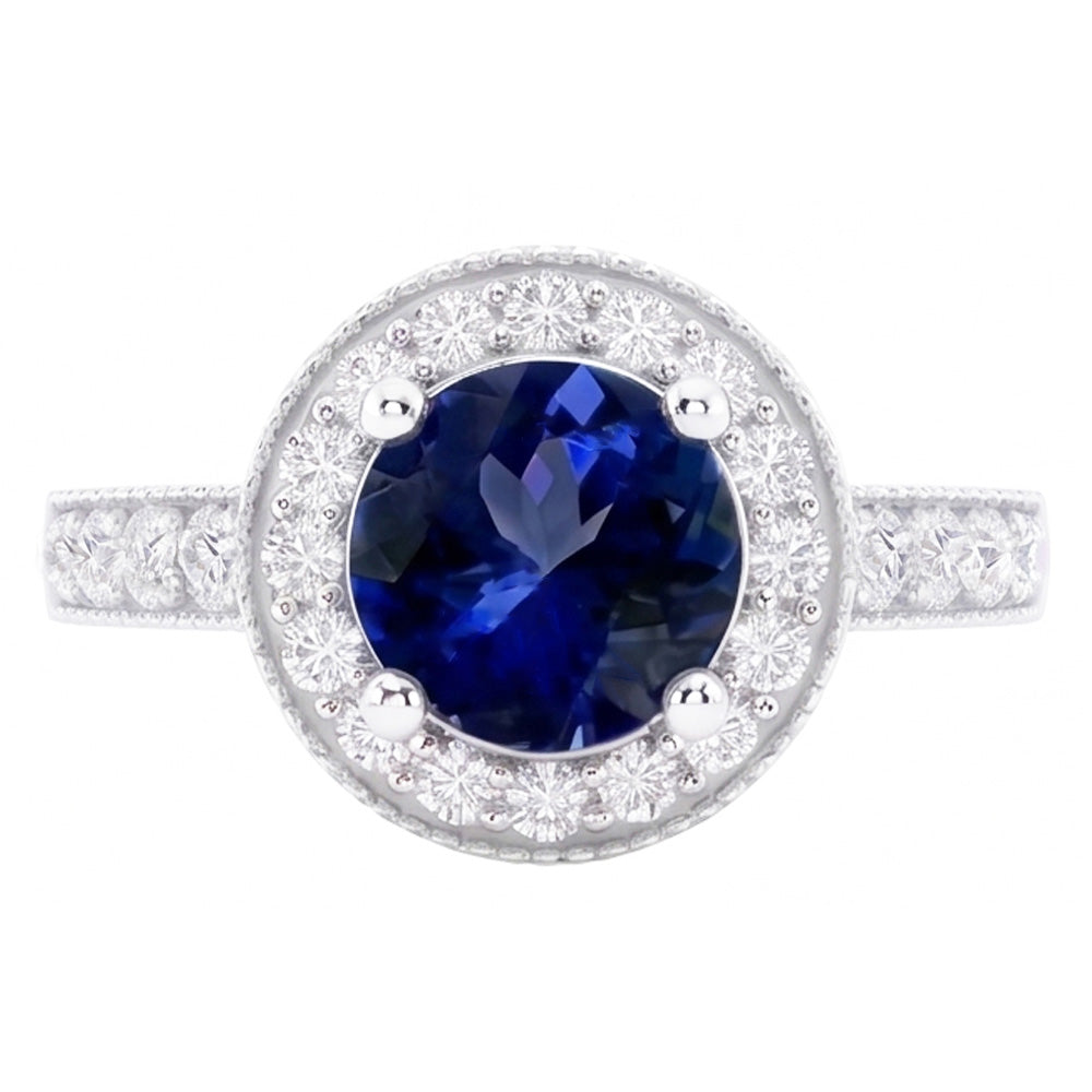 Round Ceylon Sapphire Halo Natural Earth Mined DIAMOND ( NOT LAB GROWN ) Ring White Gold Jewellery 1.5 Ct.