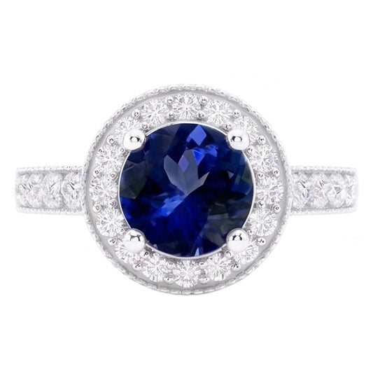 Round Ceylon Sapphire Halo Natural Earth Mined DIAMOND ( NOT LAB GROWN ) Ring White Gold Jewellery 1.5 Ct.