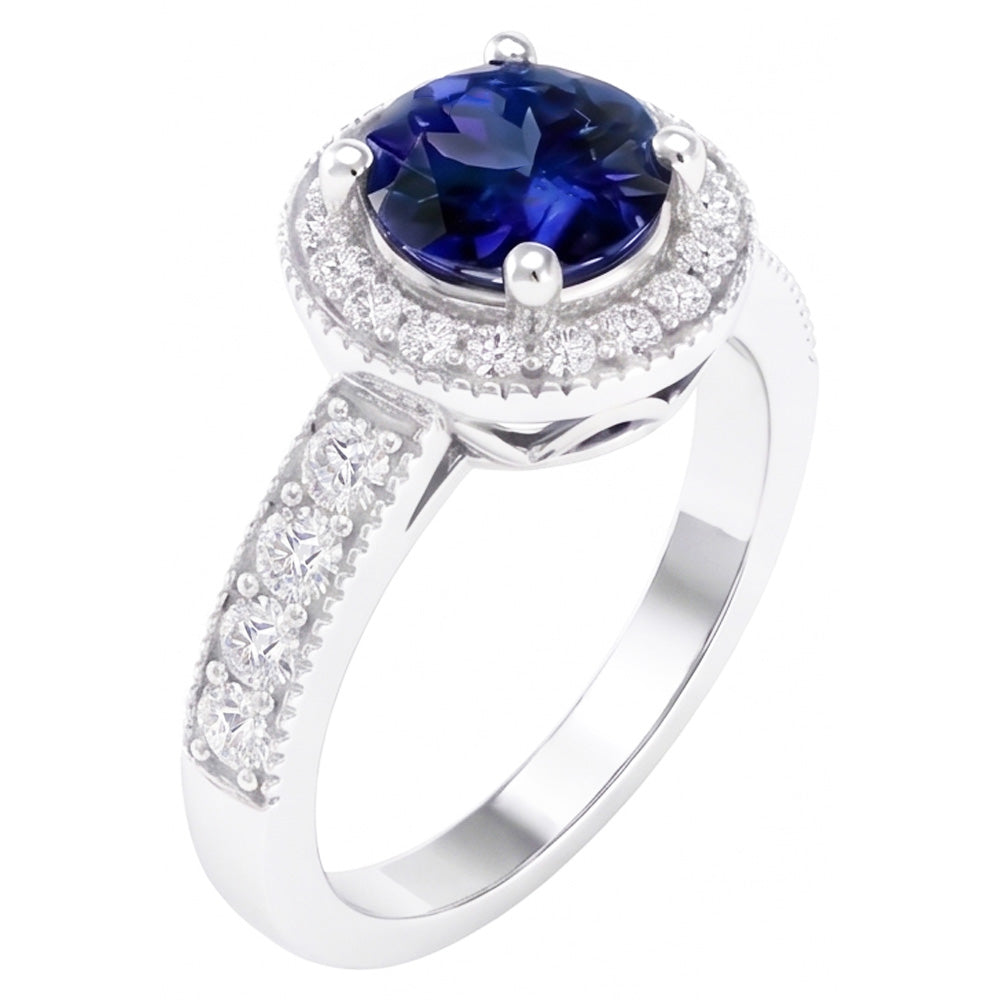 Round Ceylon Sapphire Halo Natural Earth Mined DIAMOND ( NOT LAB GROWN ) Ring White Gold Jewellery 1.5 Ct.