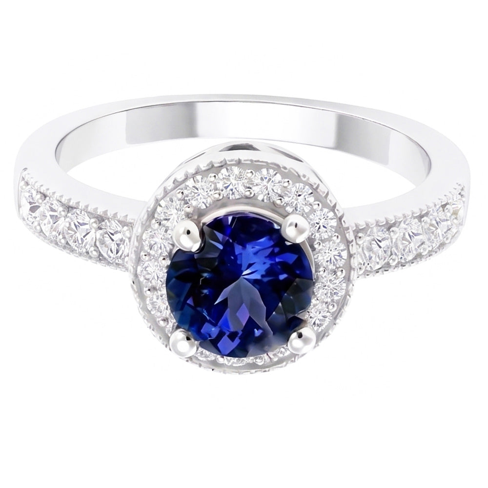Round Ceylon Sapphire Halo Natural Earth Mined DIAMOND ( NOT LAB GROWN ) Ring White Gold Jewellery 1.5 Ct.