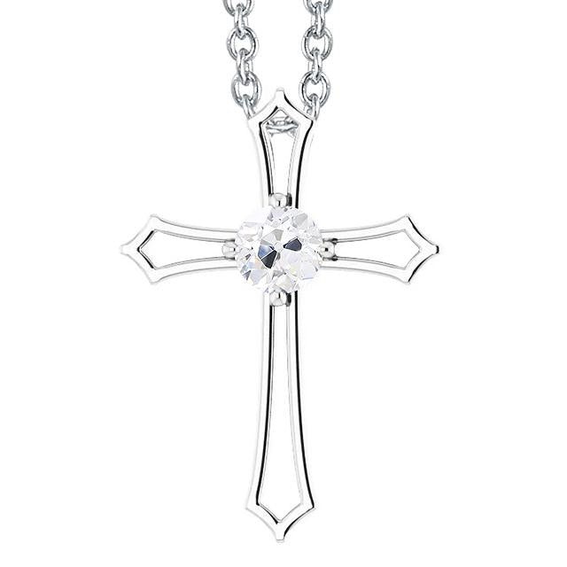 Round Cross Genuine Diamond Pendant 1 Carat Old European White Gold 14K