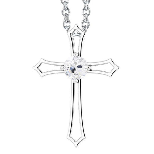 Round Cross Genuine Diamond Pendant 1 Carat Old European White Gold 14K