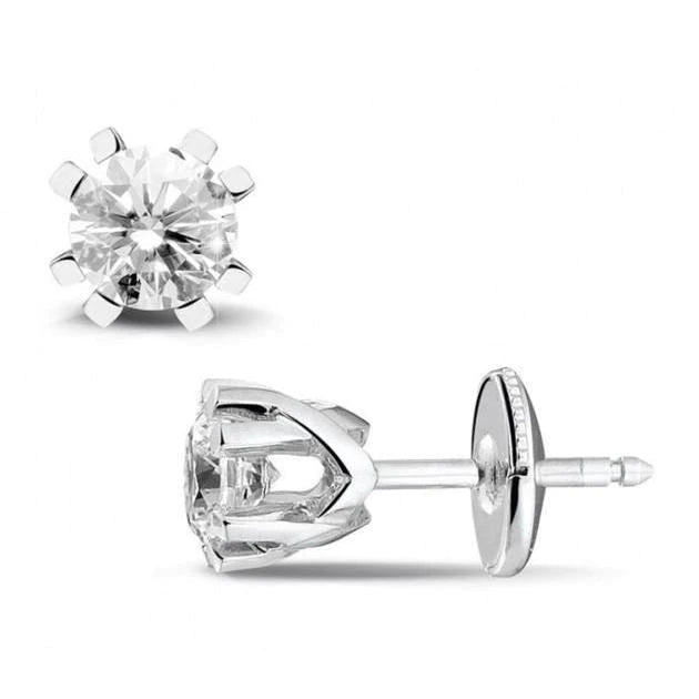 Round Cut 2 Ct Real Diamond Ladies Studs Crown Setting 14K White Gold