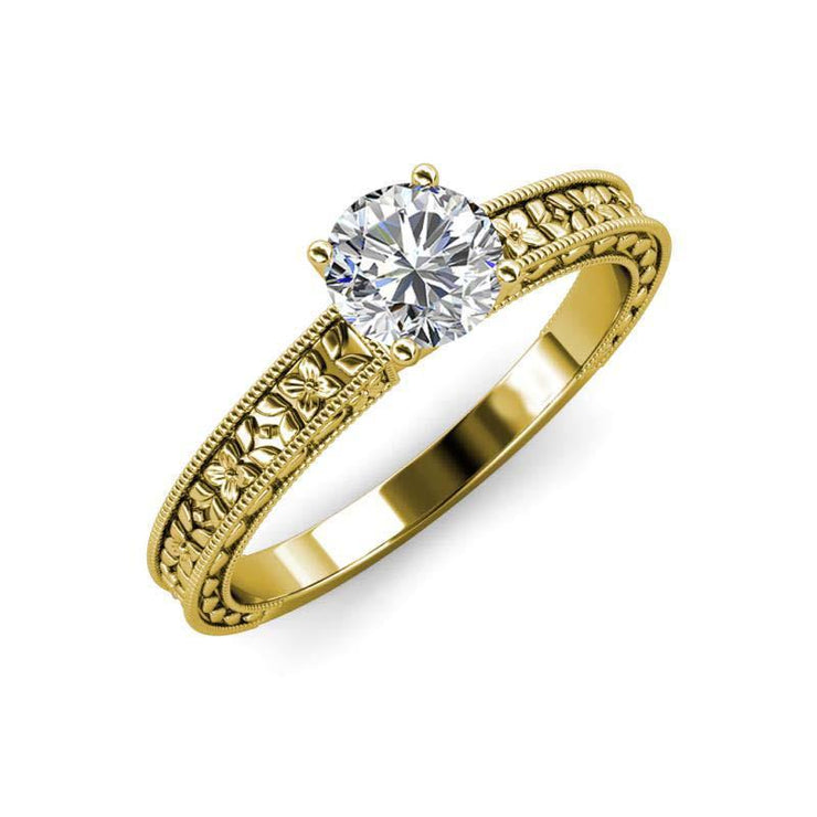 Round Cut 2 Ct Solitaire Real Diamond Vintage Style Ring Yellow Gold 14K