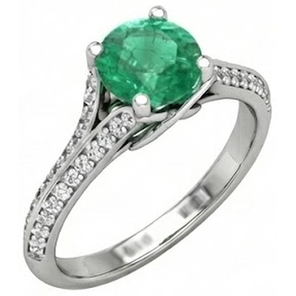 Round Cut 3.20 Ct. Green Emerald And Natural Earth Mined Diamonds Wedding Ring Gold White 14K