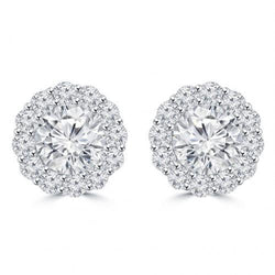 Round Cut 4 Carats Natural Diamond Ladies Stud Halo Earrings 14K White Gold