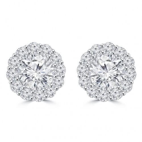 Round Cut 4 Carats Natural Diamond Ladies Stud Halo Earrings 14K White Gold