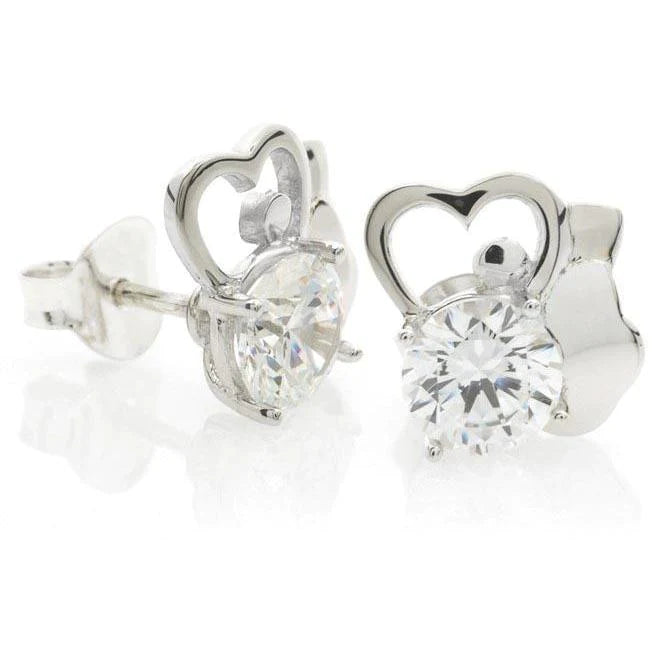 Round Cut 4.00 Carats Real Diamonds Heart Shape Studs Earrings White Gold