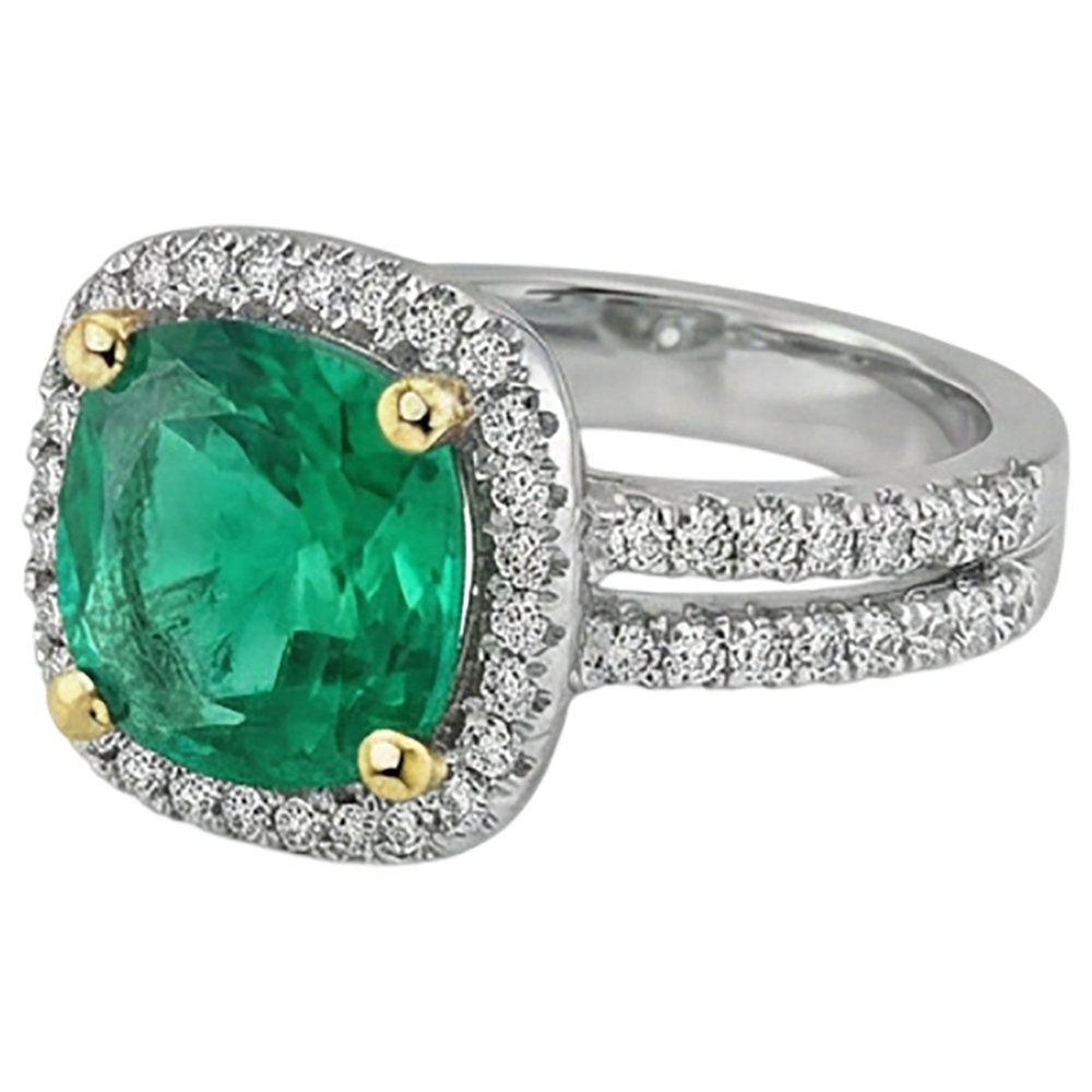 Emerald Round Brilliant Precious Stone Ring in 14K Two Tone Gold – angle view