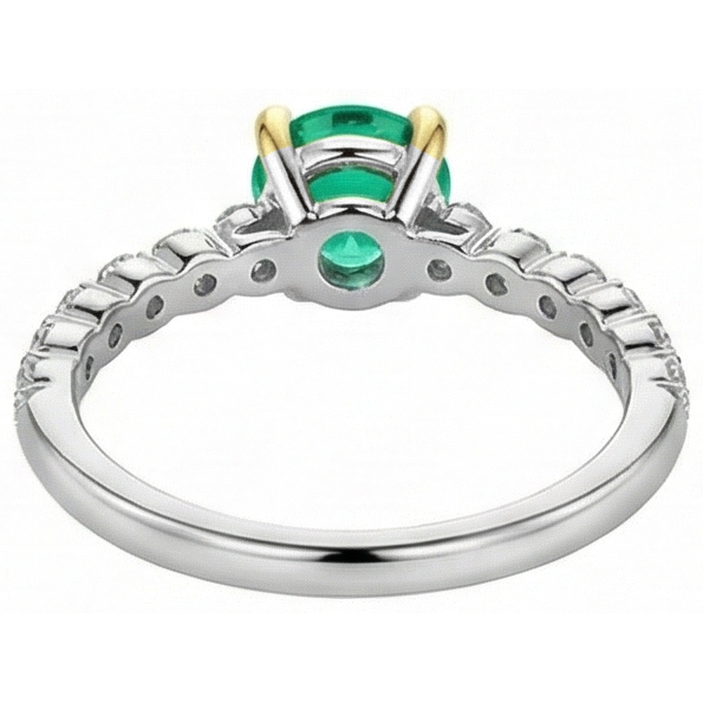 Round Brilliant Colombian Emerald ring in 14K Two Tone Gold – back view
