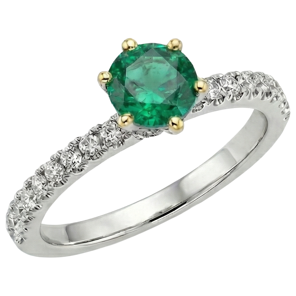 Colombian Emerald Round Cut Colored Stone Ring in Two-Tone 14K Gold – front view