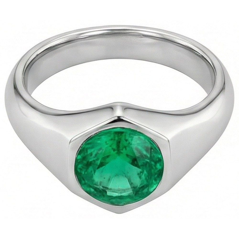 Emerald Round Cut Precious Stone Ring in 14 Karat White Gold – front view