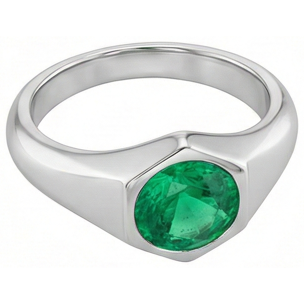 Emerald Round Cut Precious Stone Ring in 14 Karat White Gold – angle view