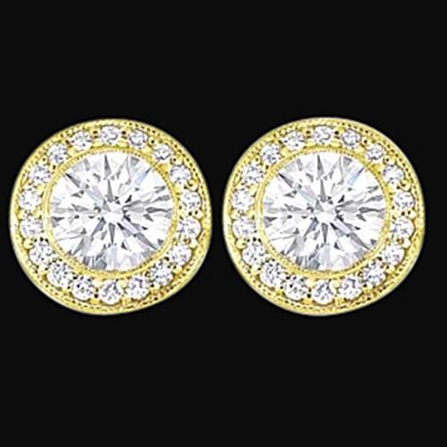 Round Cut Genuine Diamond Ladies Studs Halo Earring 3 Ct. Yellow Gold New