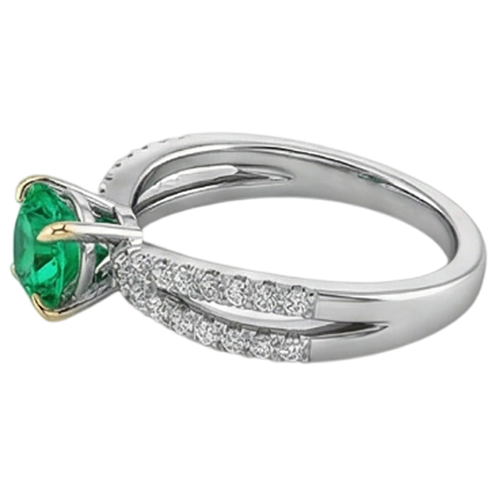Round Cut Colombian Emerald ring in Two-Tone 14K Gold – angle view