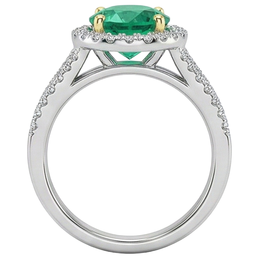 Round Brilliant Colombian Emerald ring in Two-Tone 14K Gold – back view