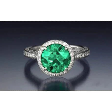 Round Cut Green Emerald With Diamond Engagement Ring 8.5 Carats 14K Gold