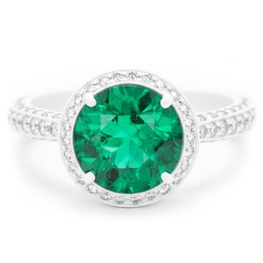 Round Cut Green Emerald With Natural Earth Mined DIAMOND ( NOT LAB GROWN ) Engagement Ring 8.5 Carats 14K Gold