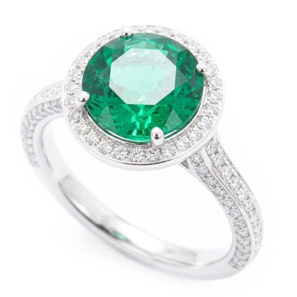 Round Cut Green Emerald With Natural Earth Mined DIAMOND ( NOT LAB GROWN ) Engagement Ring 8.5 Carats 14K Gold
