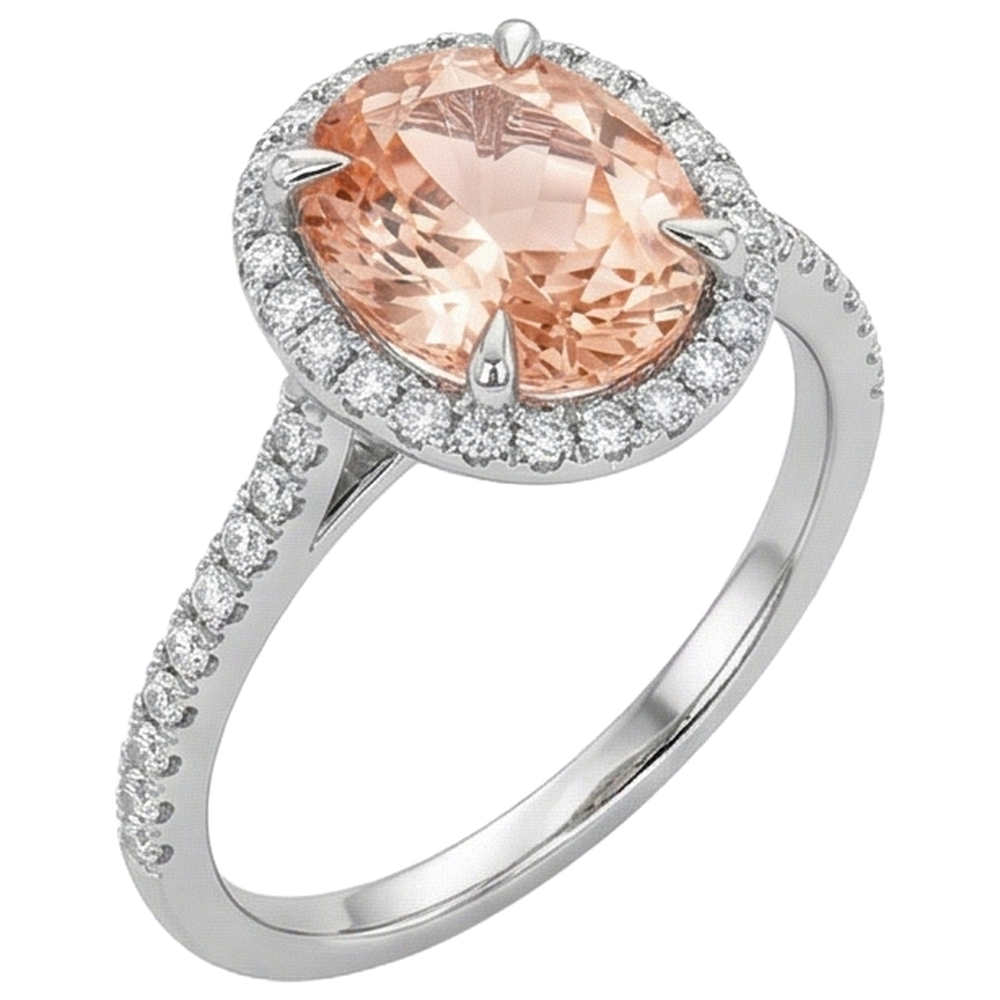 Round Cut Morganite And Natural Earth Mined Diamonds 11.35 Carats Ring Gold White 14K