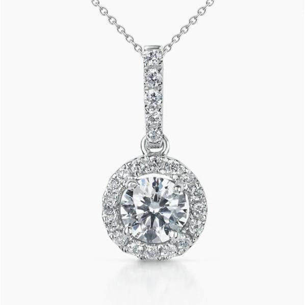 Round Cut Real Diamond Pendant Necklace 1.71 Carats White Gold 14K