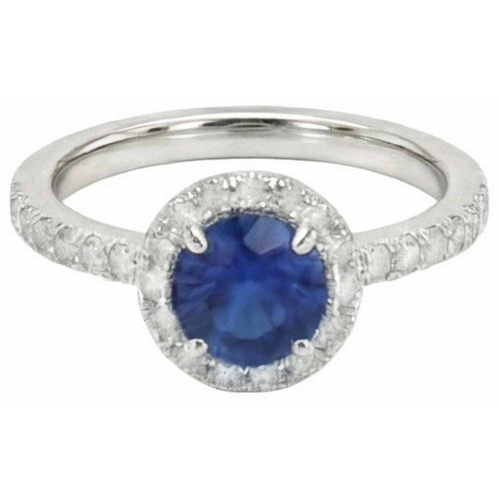 Round Cut Sri Lankan Sapphire Halo Natural Earth Mined Diamond Ring White Gold 14K