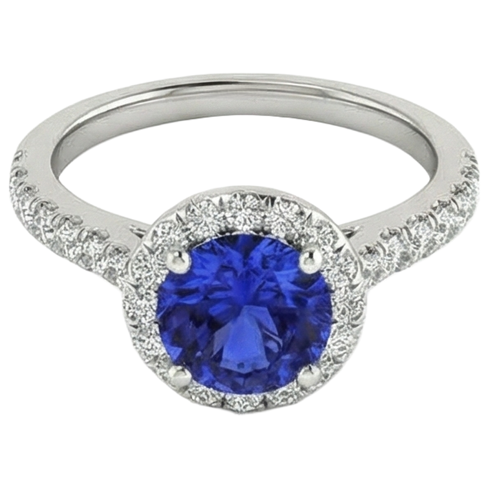 Round Cut Tanzanite And Natural Earth Mined Diamonds 11 Ct Ring White Gold 14K