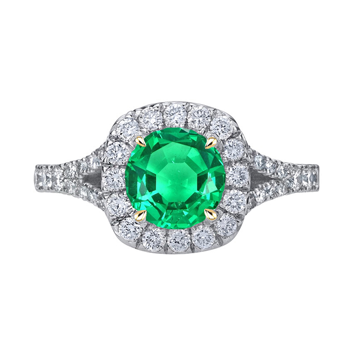 Emerald Round Cut Gemstone Ring in 14 Karat Two Tone Gold – main view