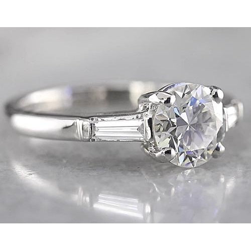 Round Diamond Genuine 3 Stone Ring Baguettes White Gold 14K 1.60 Carats