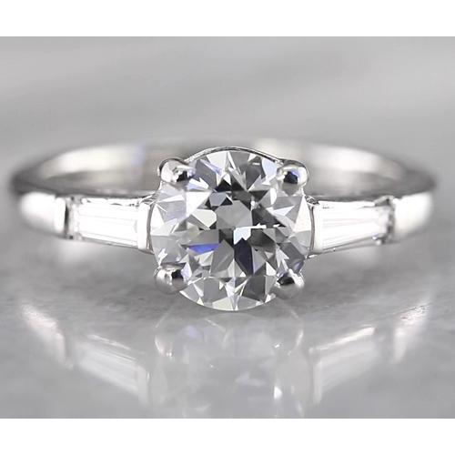 Round Diamond Genuine 3 Stone Ring Baguettes White Gold 14K 1.60 Carats