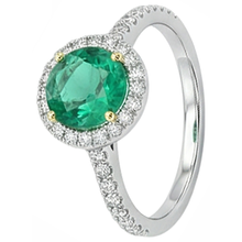 Fine Emerald Round Brilliant Gemstone Ring in 14 Karat Two Tone Gold – profile view