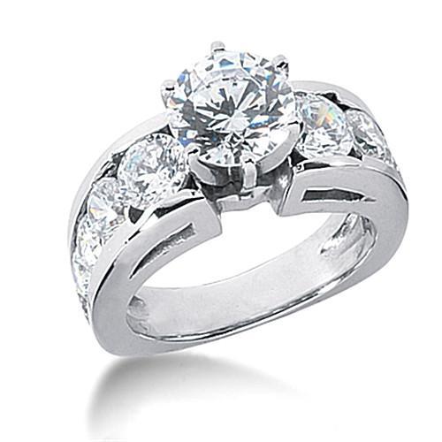 Round Euro Shank Real Diamond Engagement Ring With Accents WG 14K