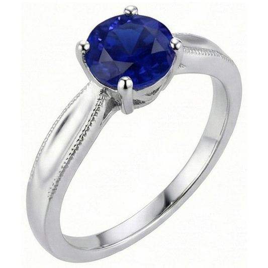Round Gemstone Solitaire Ring Ceylon Sapphire Milgrain Shank 1 Carat