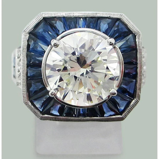 Round Genuine Diamonds & Sri Lanka Sapphire Ring 6.50 Carats White Gold 14K