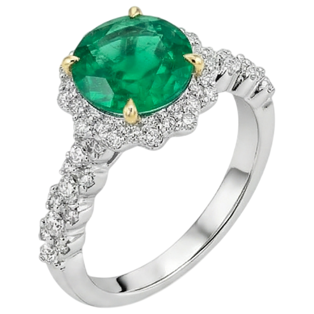 Fine Emerald Round Brilliant Colored Stone Ring in 14 Karat Two Tone Gold – side view