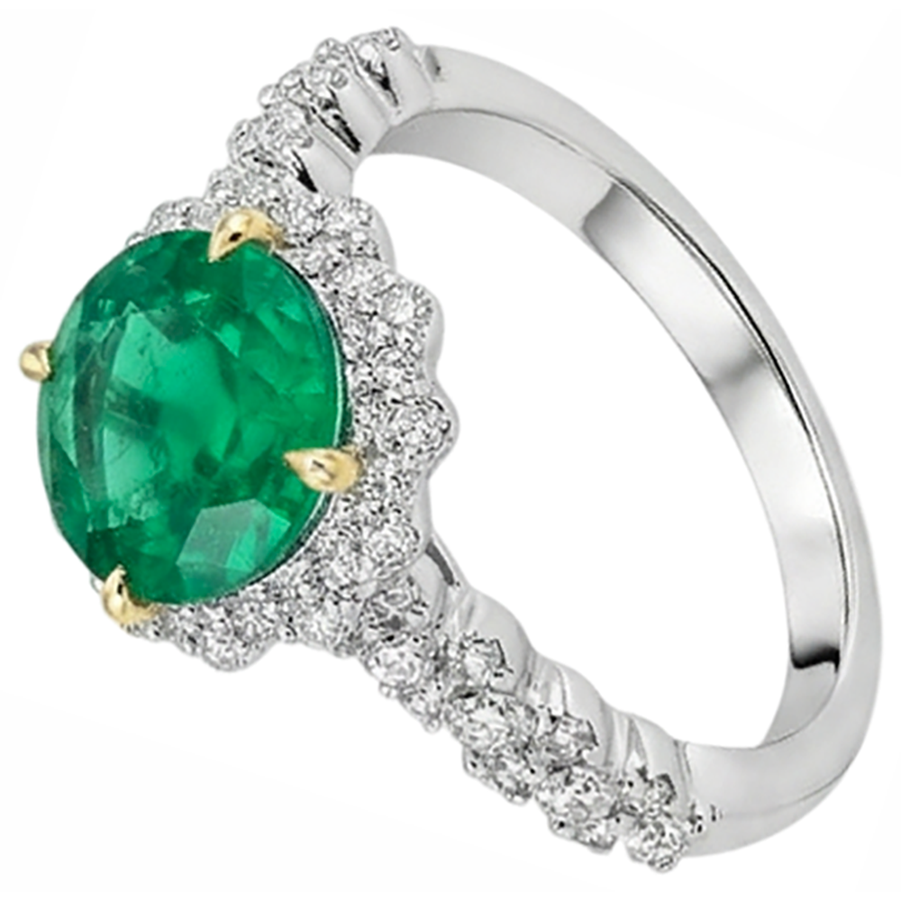 Fine Emerald Round Brilliant Colored Stone Ring in 14 Karat Two Tone Gold – angle view