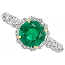 Fine Emerald Round Brilliant Colored Stone Ring in 14 Karat Two Tone Gold – top view