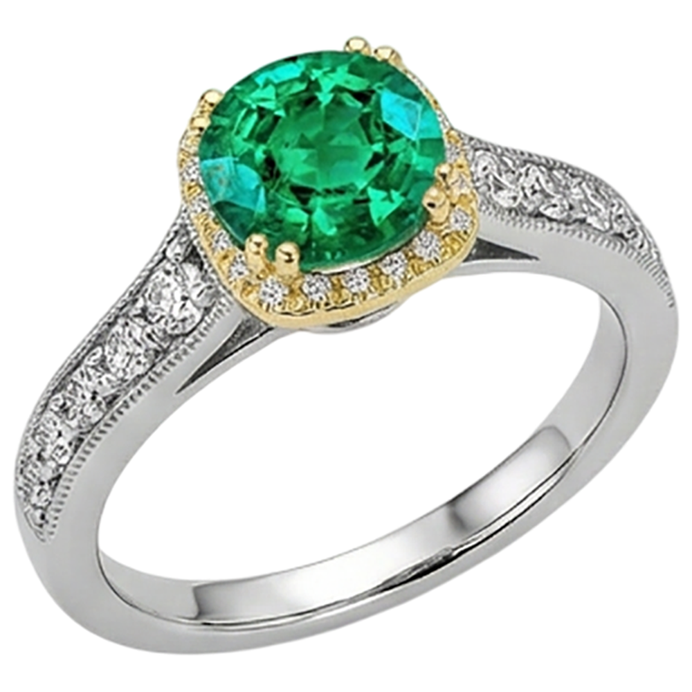 Round Cut Emerald ring in Two-Tone 14K Gold – side view