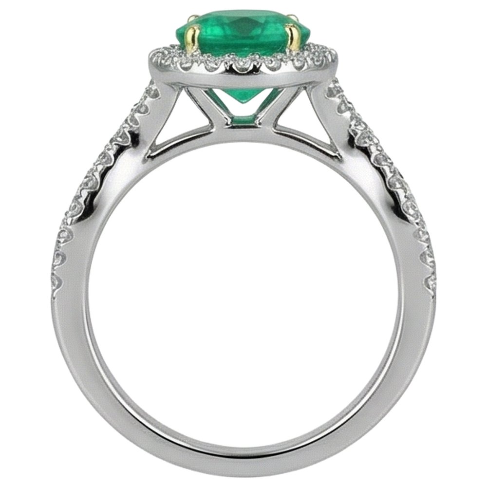 Emerald Round Cut Colored Stone Ring in 14 Karat Two Tone Gold – back view
