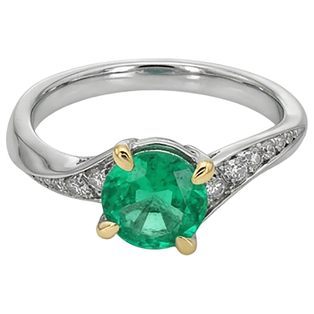 Round Cut Emerald ring in 14 Karat Two Tone Gold – side view