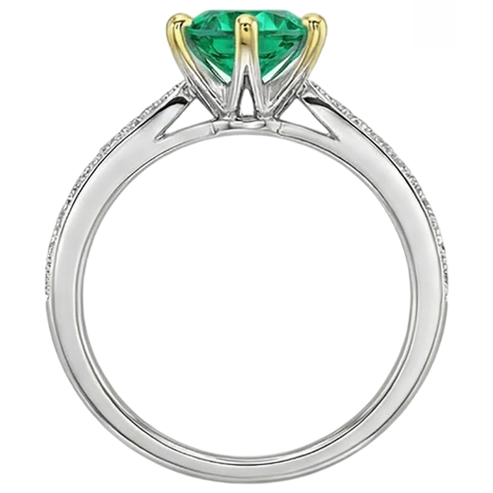 Emerald Round Brilliant Colored Stone Ring in Two-Tone 14K Gold – top view